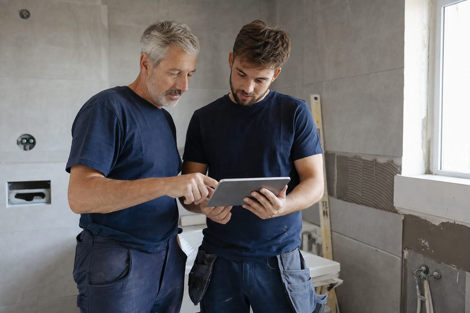 Tradespeople discussing a bathroom renovation on site