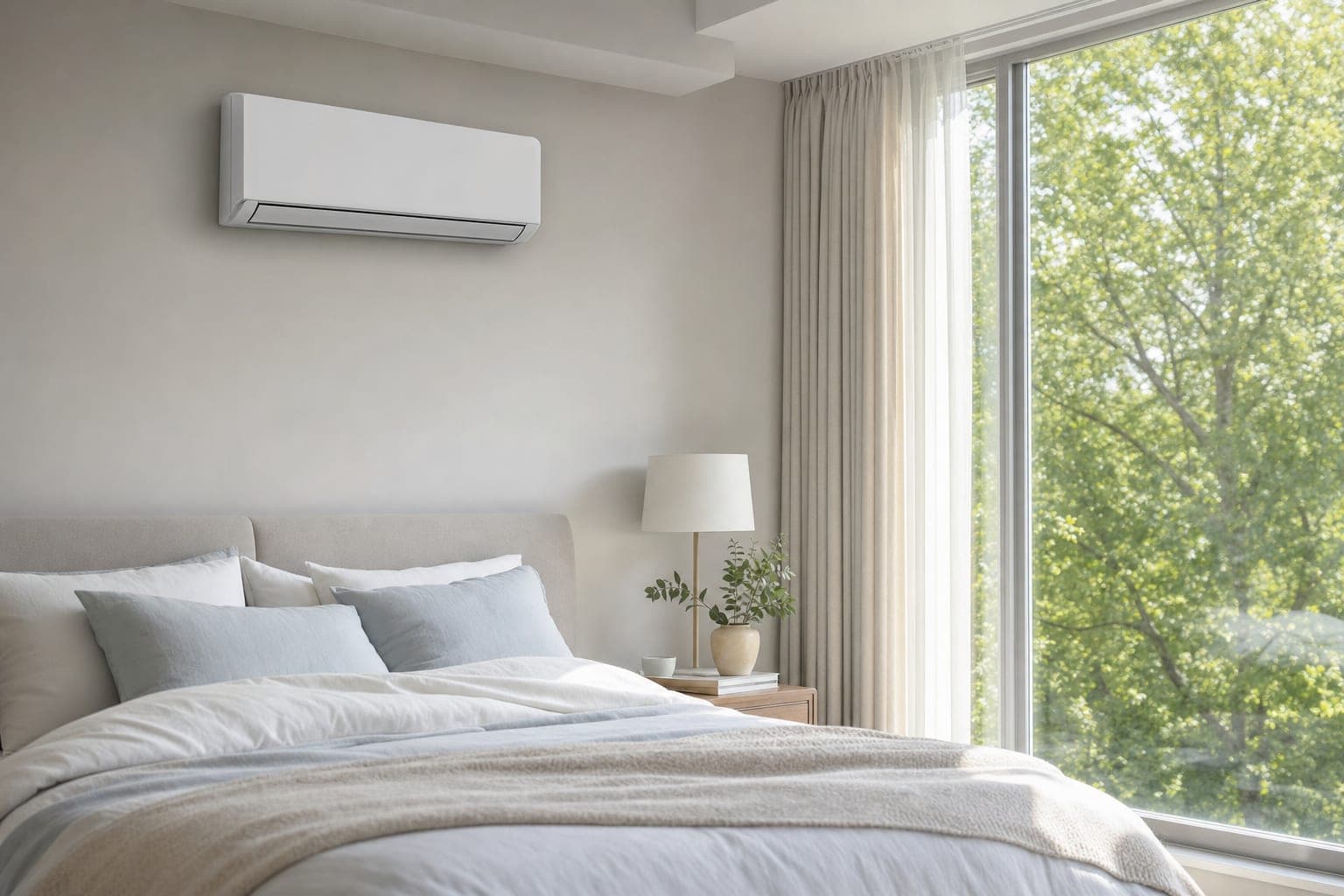 Split-Klimaanlage in einem hellen Schlafzimmer