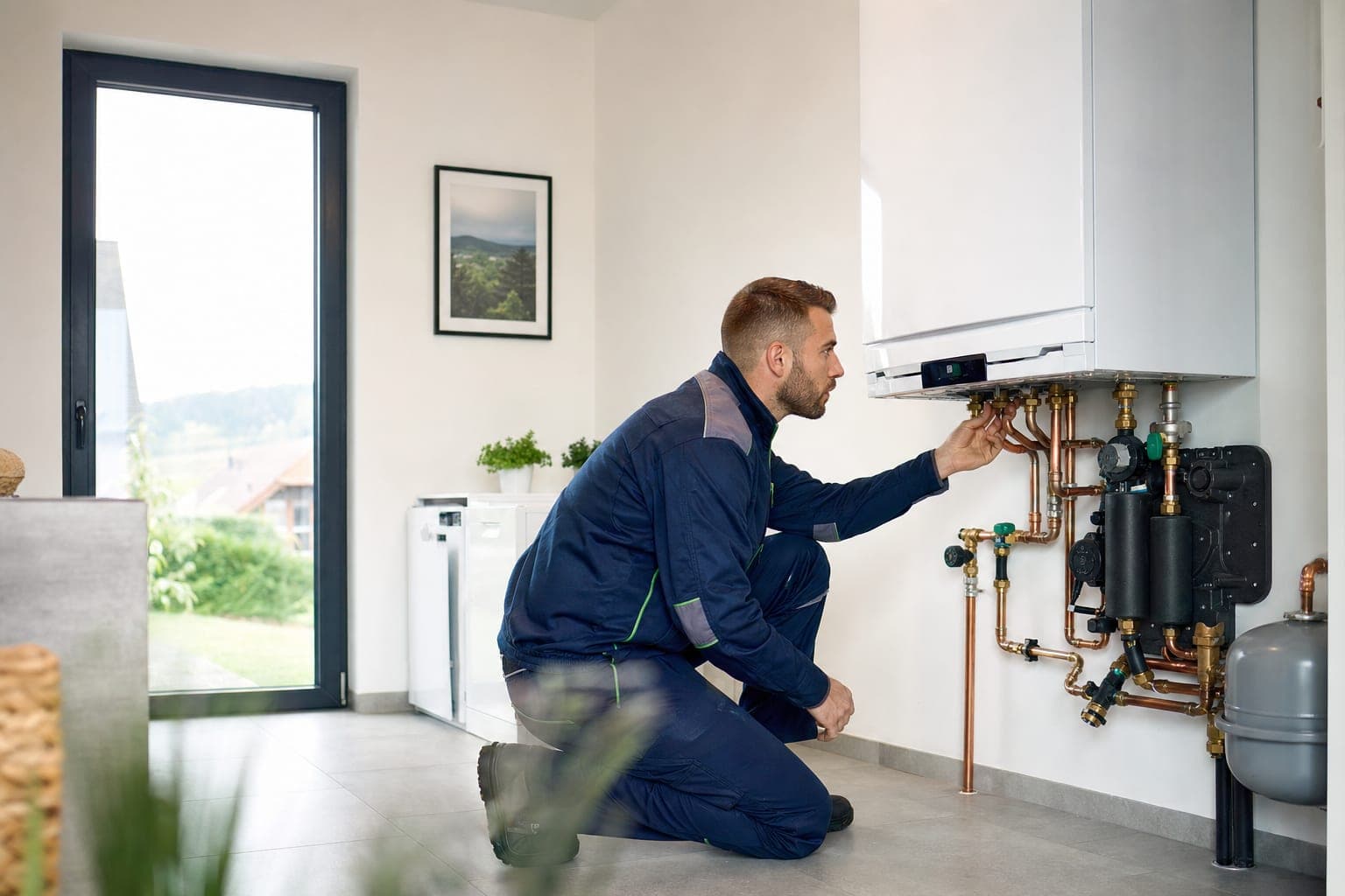 Techniker prüft eine moderne Heizungsanlage in einem Wohnhaus