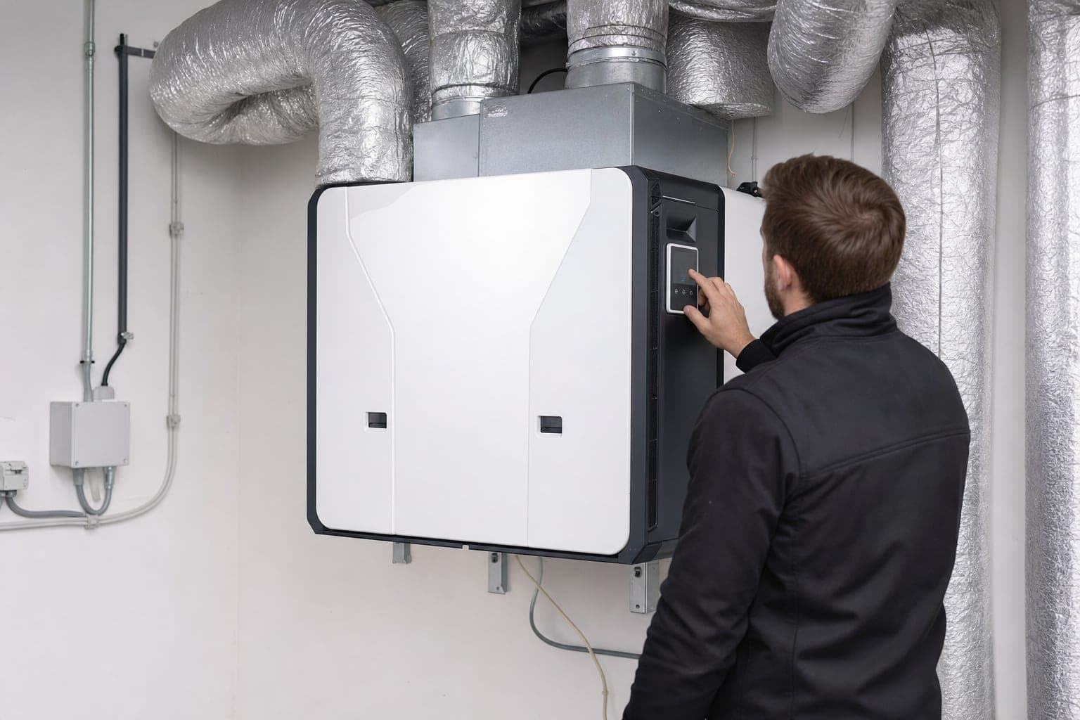 Modern ventilation unit with heat recovery in a technical room
