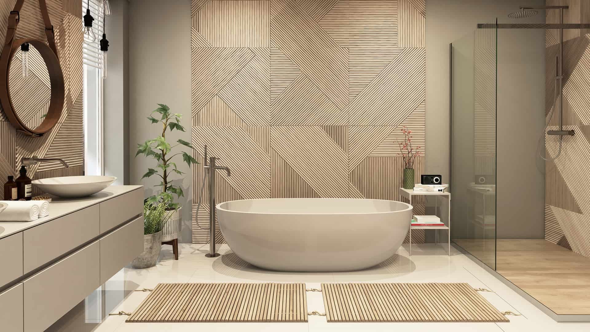 Salle de bain complète moderne avec baignoire et douche pluie